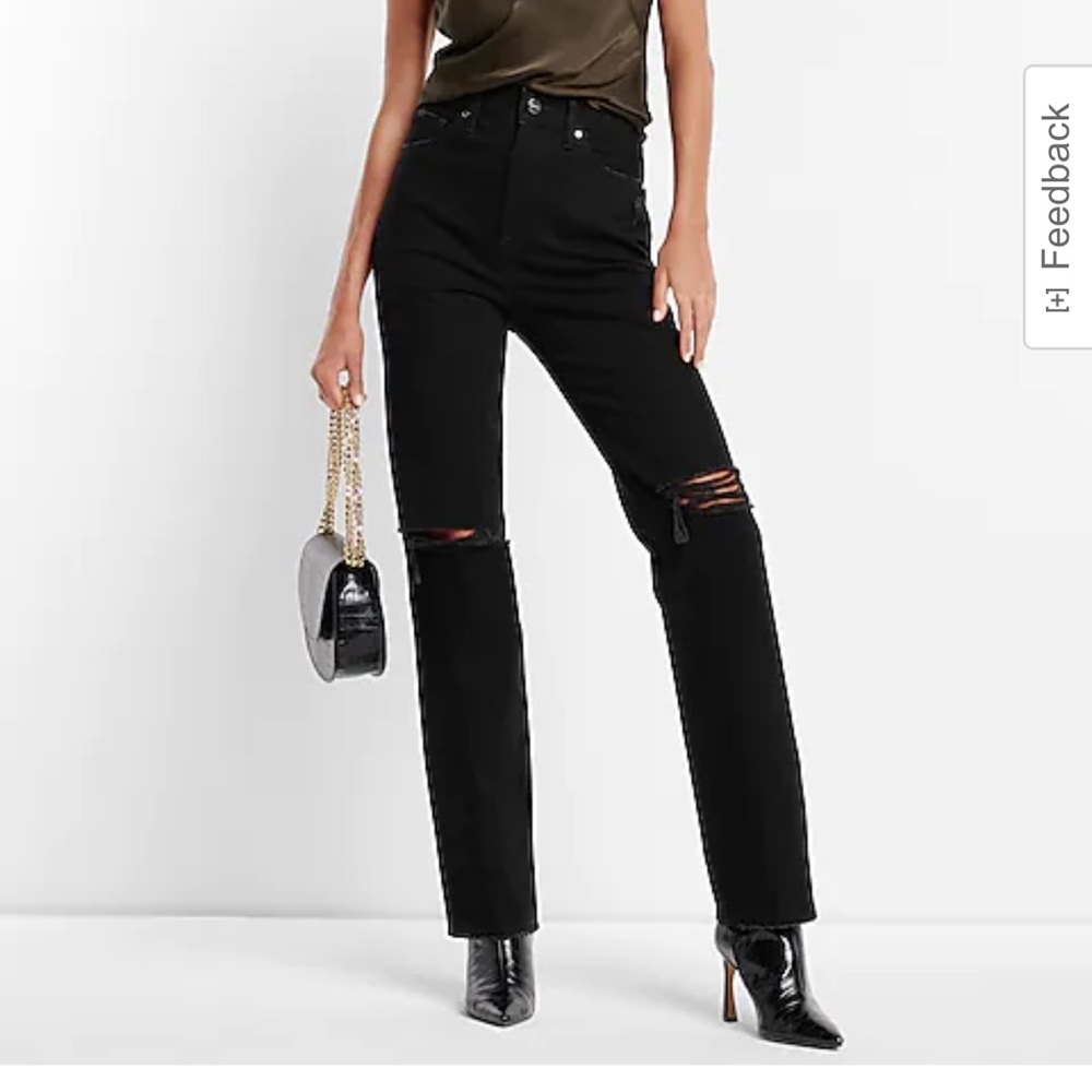 Express Super High Waisted Black Rinsed Ripped Modern Straight Jeans